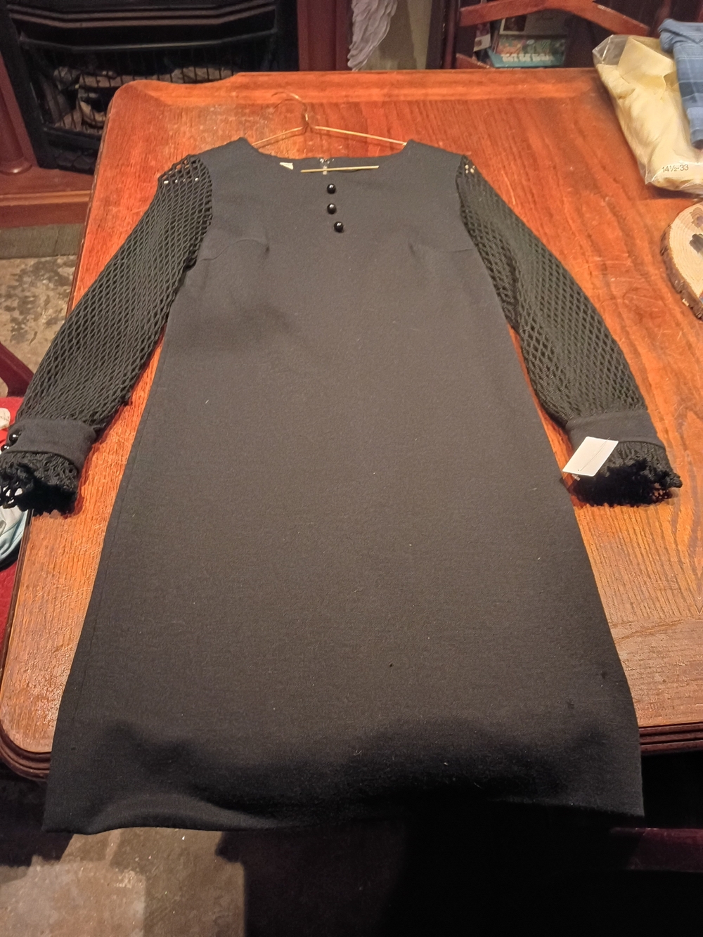 Vintage Knits Camelon Black Long Sleeve Sweater Dress with Textured Mesh Sleeves